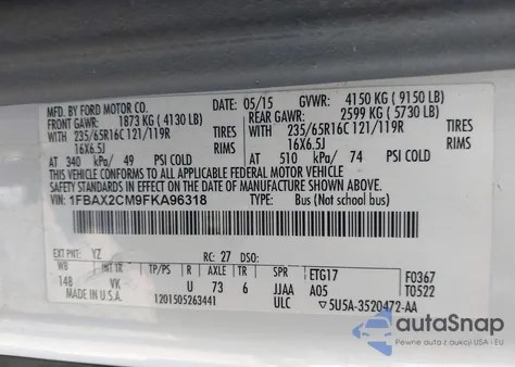 2015 Ford Transit-350 Xl from USA, damaged, VIN 1FBAX2CM9FKA96318